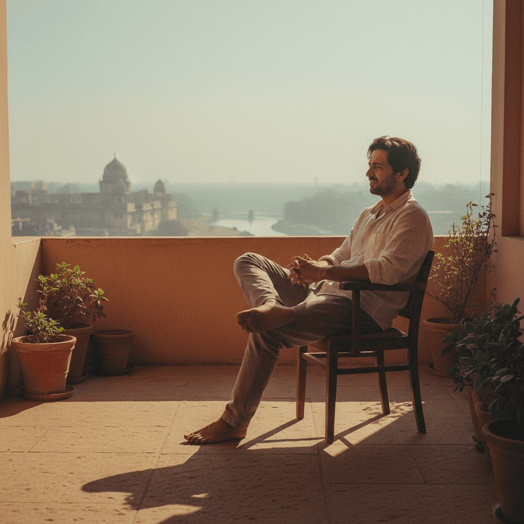 Calm, contemplative person in warm morning light
